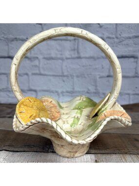 Vintage 90s Ceramic Woven Basket Heavy Beige Green Coastal Cottage Natural AS IS